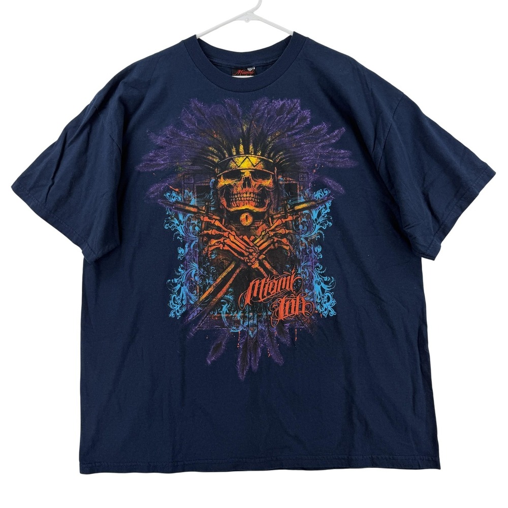 Vintage Miami Ink Shirt Mens 2XL Blue Tattoo Skull Crossed‎ Swords Graphic Tee